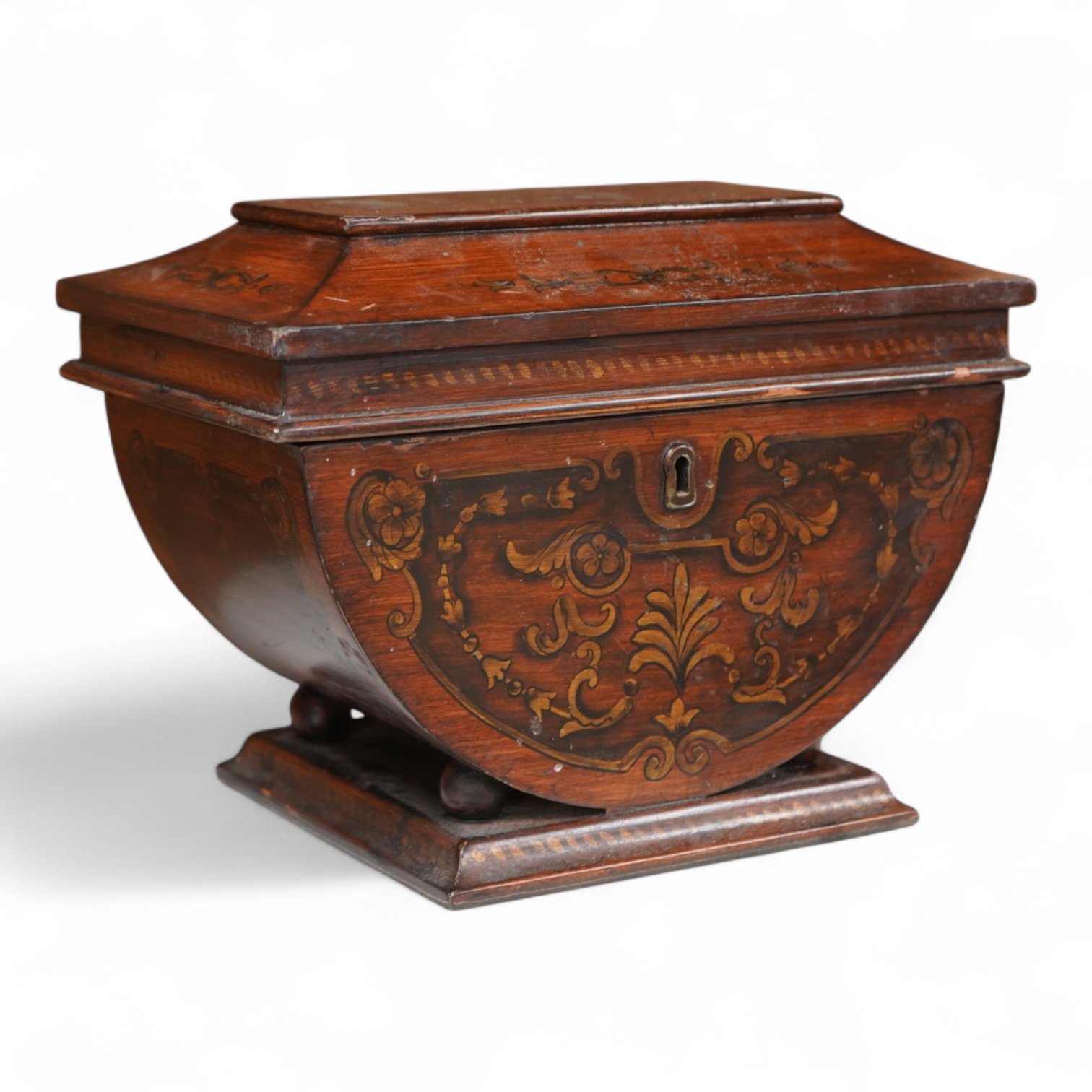 A late 19th century Grecian revival mahogany and penwork sarcophagus shaped tea caddy, 28cm wide